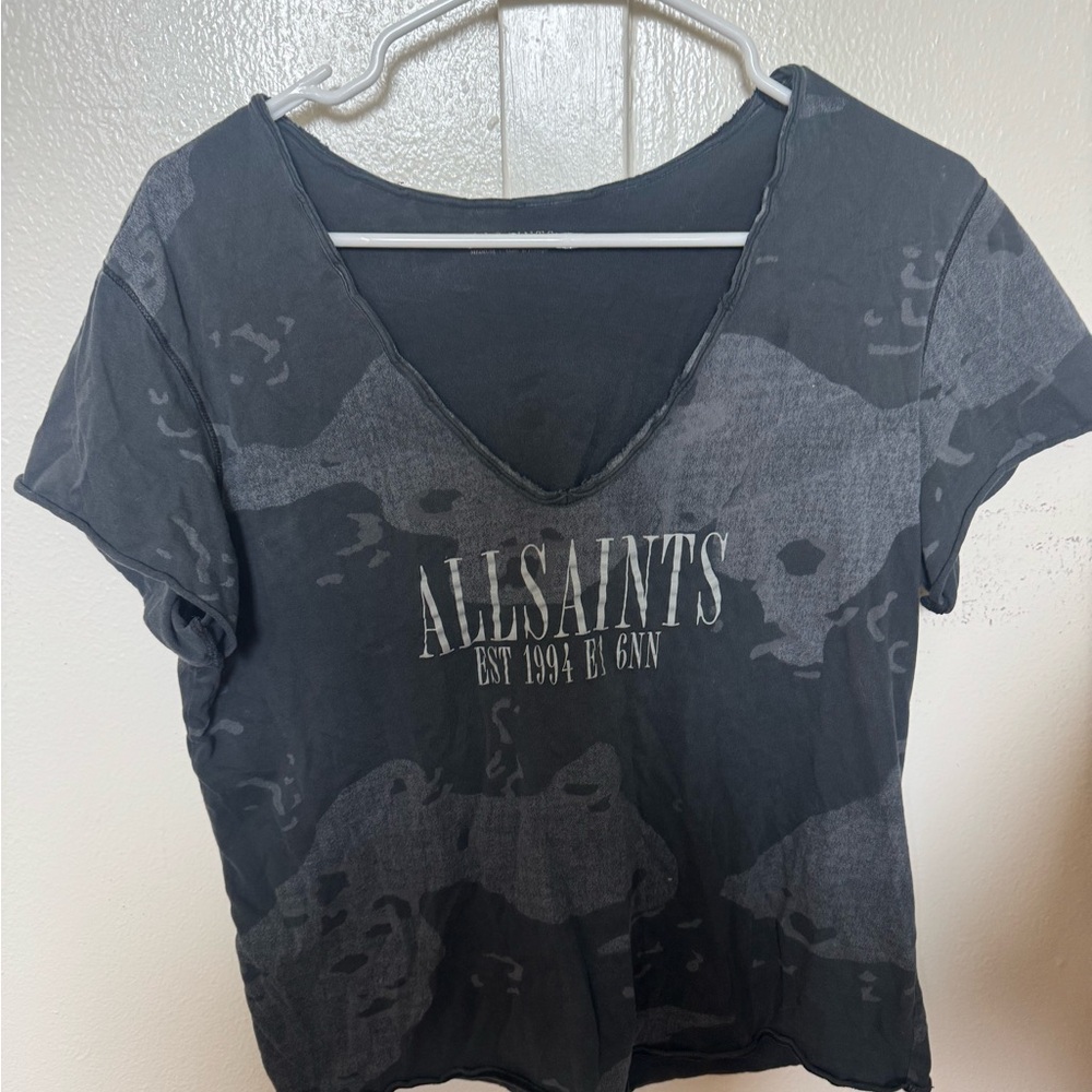 All Saints Graphic Crop Tee Gray Camo Short Sleeve